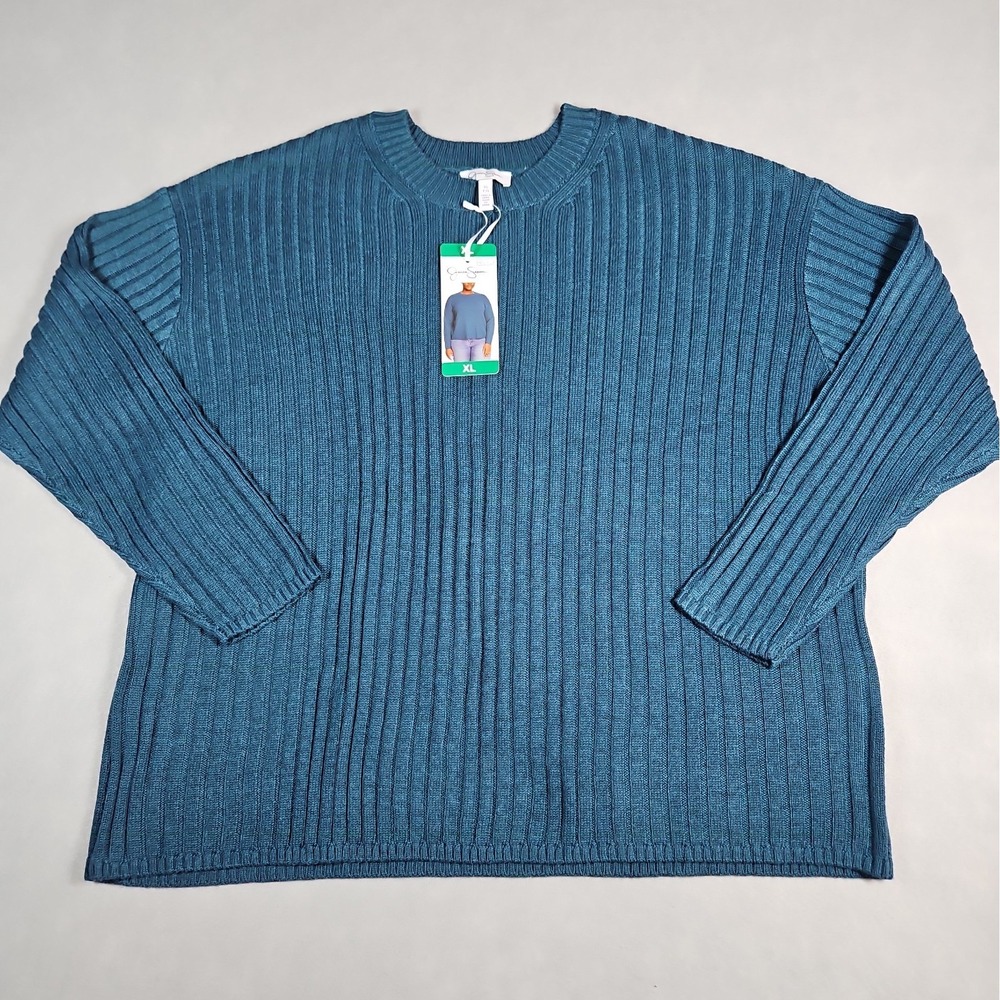 Jessica Simpson Womens Teal Ribbed Knit Crew Neck Sweater Size XL NWT